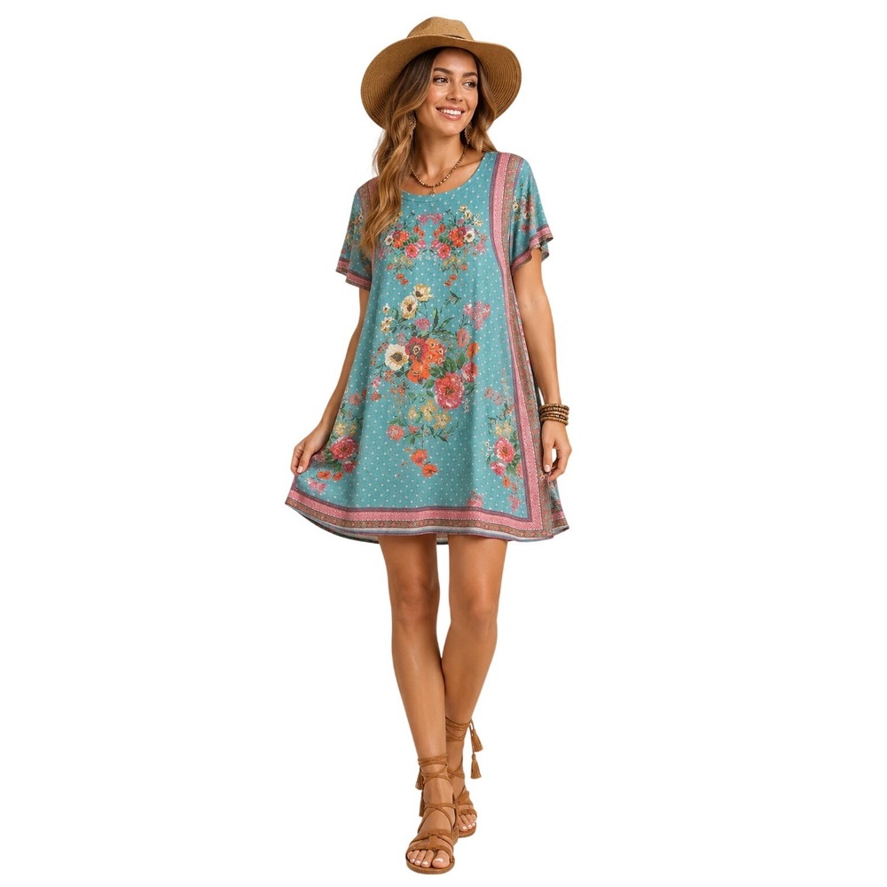 Umgee Teal Blue Floral Print Mini Dress‎ Boho Swing Tunic Dress Women's Size S